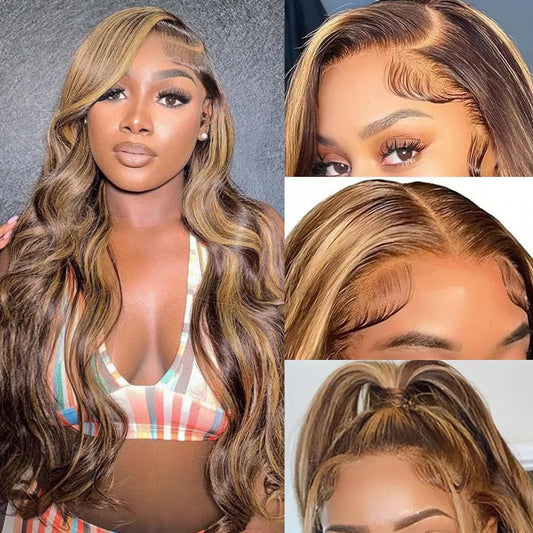 Honey Blonde Ombre Lace Front Wig Human Hair Highlight Body Wave 13X6 Lace Front Wigs Human Hair Pre Plucked HD Frontal 180 Density Glueless 4/27 Highlighted Human Hair Wig 24 Inch